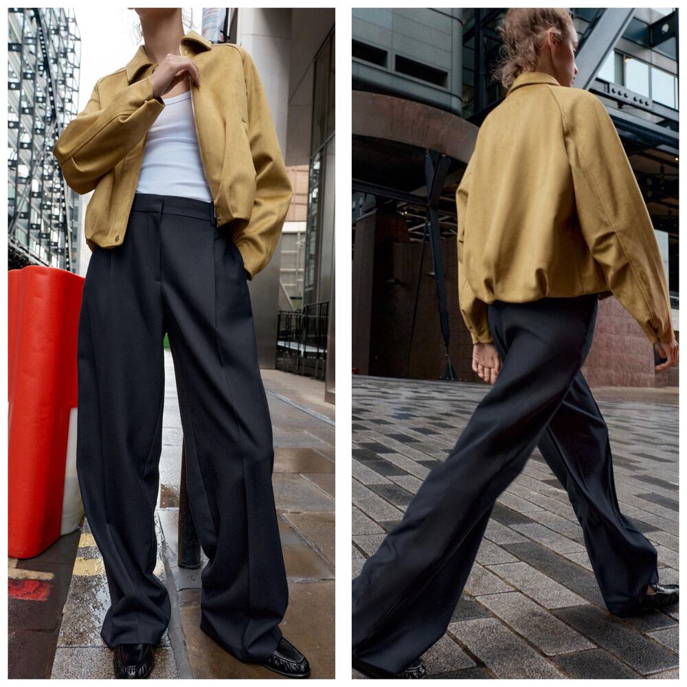 Zara Pleated Trouser With Side Stripe Size Small Blue Chic Minimalist 1608/253